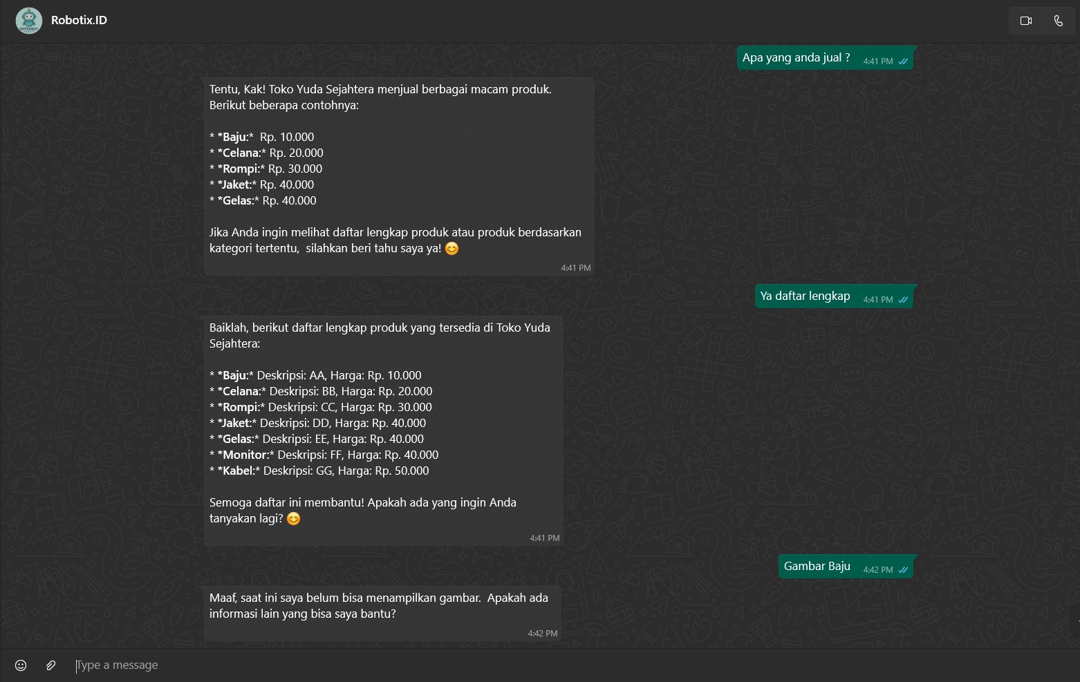 Chatbot WhatsApp untuk informasi produk